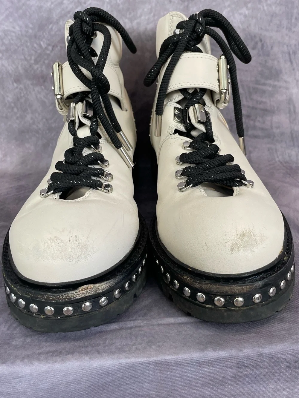 Lola Cruz Patent Leather Off White/ Ivory  Moto Ankle Boots Size 38 US 7.5-8